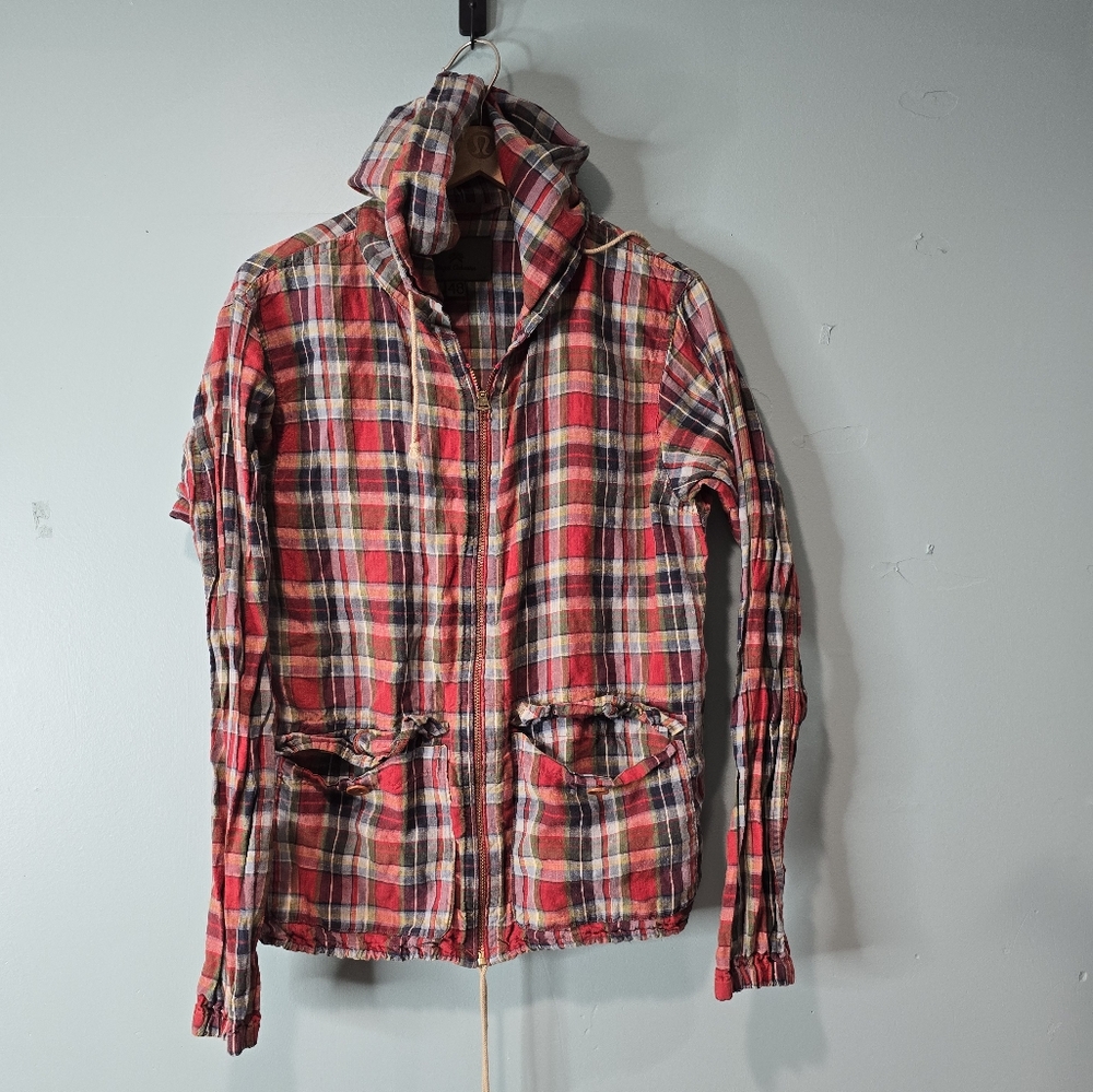 Nigel Cabourn Men's 100% Linen Madras Plaid Made In Japan Hooded Shirt Jacket L